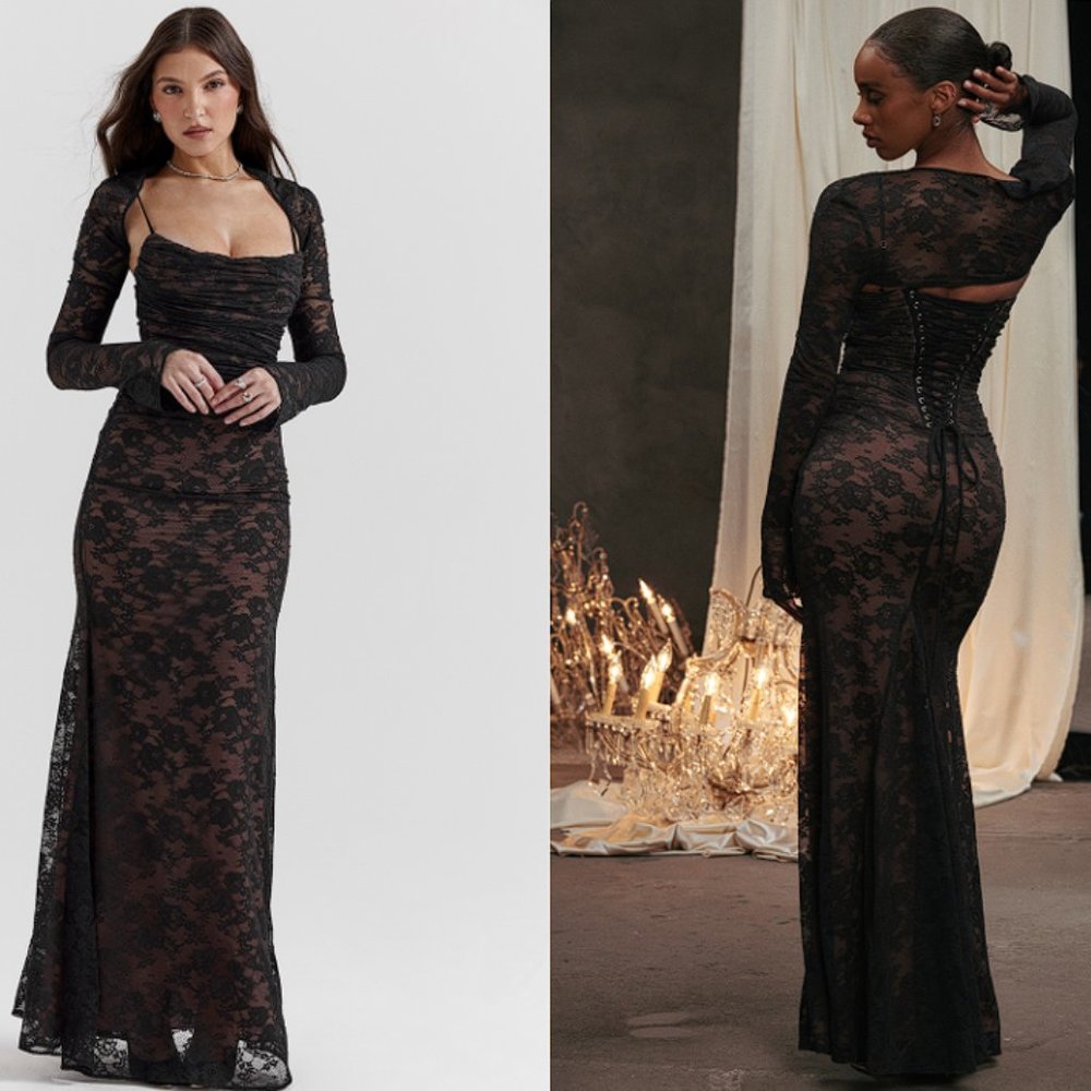 HOUSE OF CB 'Artemis' Black Lace Maxi Dress NWOT